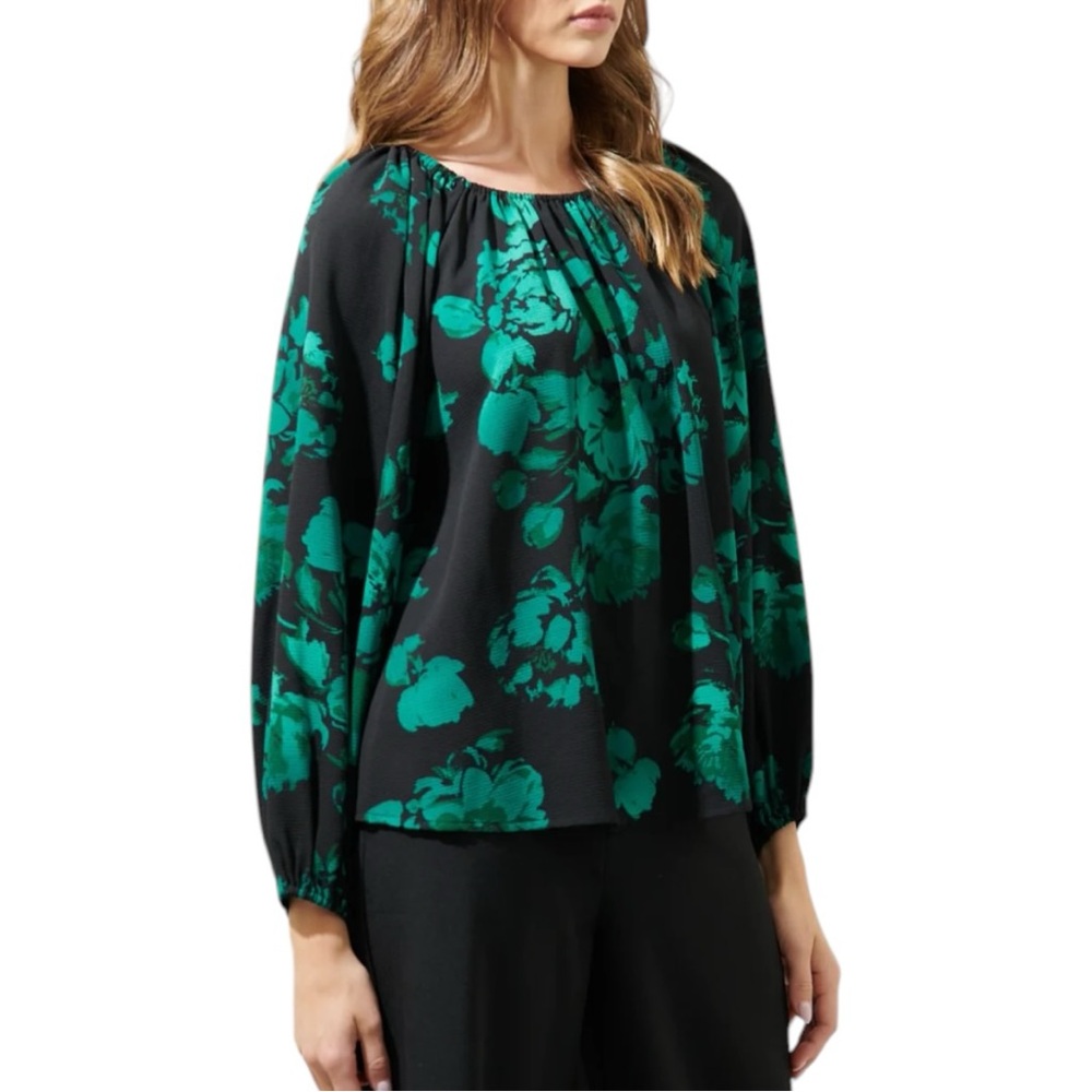 Sugarlips Krypton Floral Marica Balloon Sleeve Top size 2X Emerald Black NWT